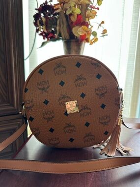 MCM Brown Logo Round Crossbody with Tassel